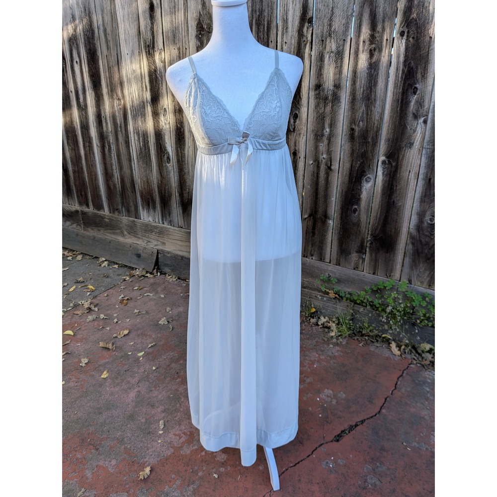 La Vie en Rose Lace Bodice Sheer Maxi Slip Nightgown Light‎ Blue Medium